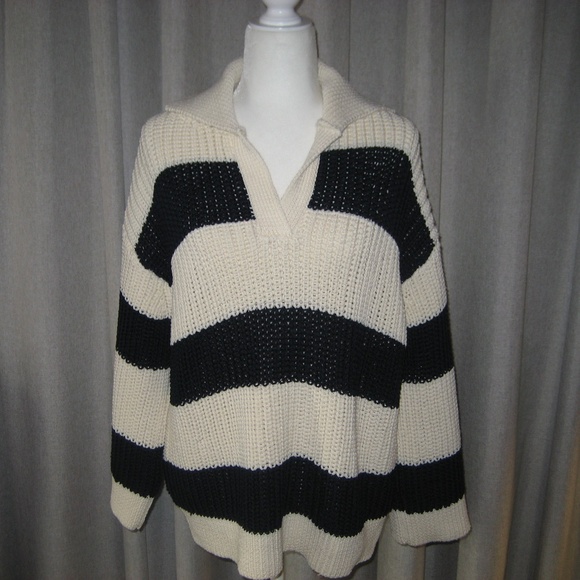 Zara Collared Oversized Stripe Sweater Pullover Black and White - Picture 1 of 3